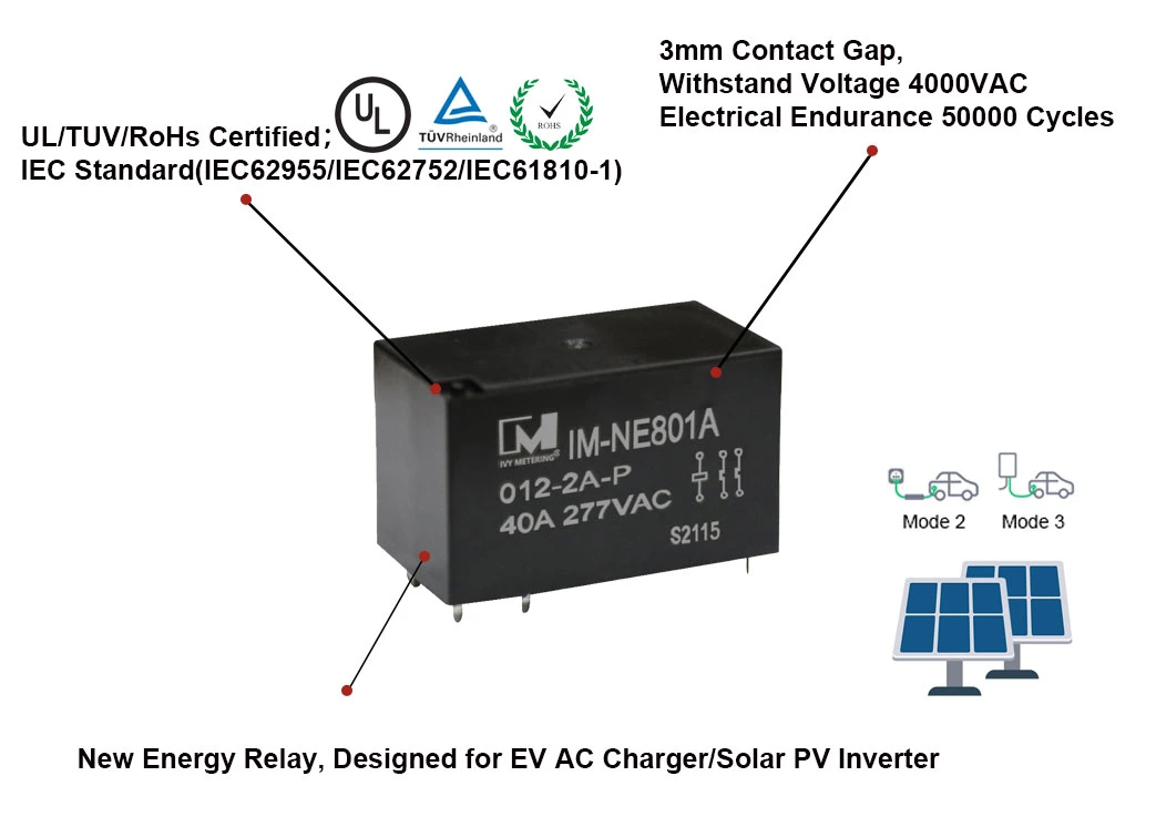 UL/CE/TUV 30A 40A 12V Coil 2 Pole Contact Dpst No PCB Power Relay for EV Charger